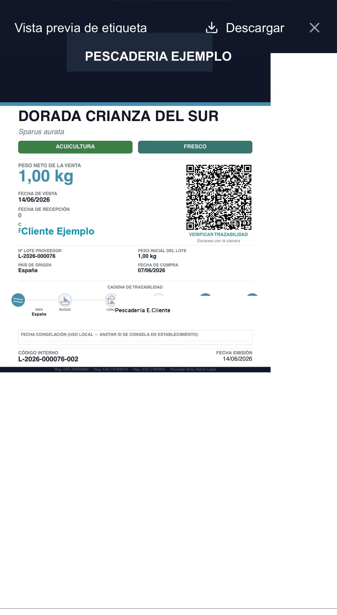 Etiqueta de pescado con código QR generada por Pescader-IA