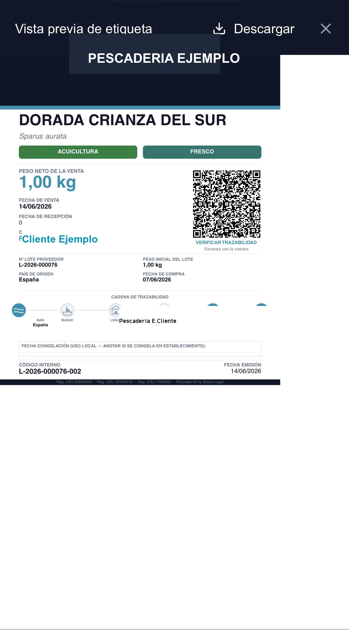 Pescader-IA: etiqueta de pescado con QR de trazabilidad conforme al Reglamento (UE) 2023/2842 generada desde una foto del albarán