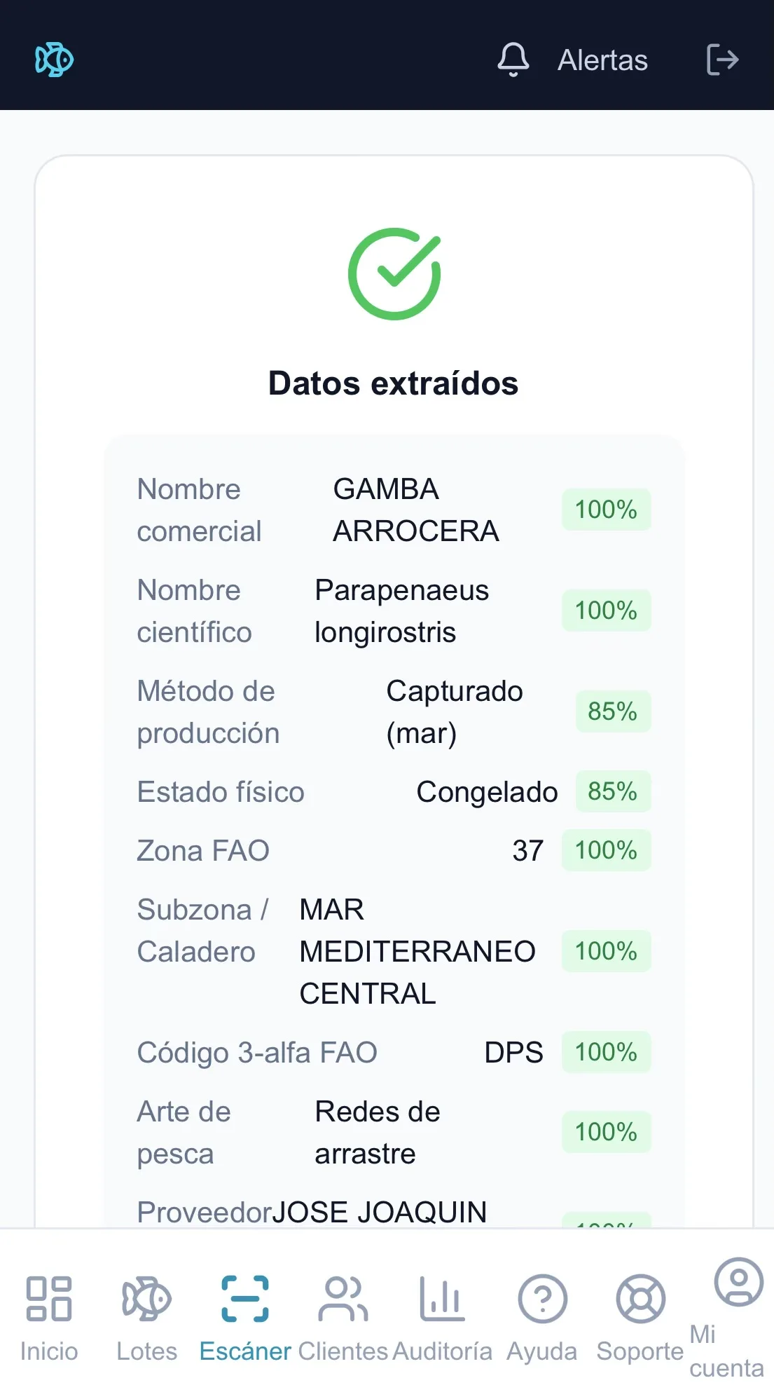 Pescader-IA — pantalla mostrando datos extraídos por el OCR con 100% de confianza por campo (Nombre comercial, Nombre científico, Zona FAO, etc.)