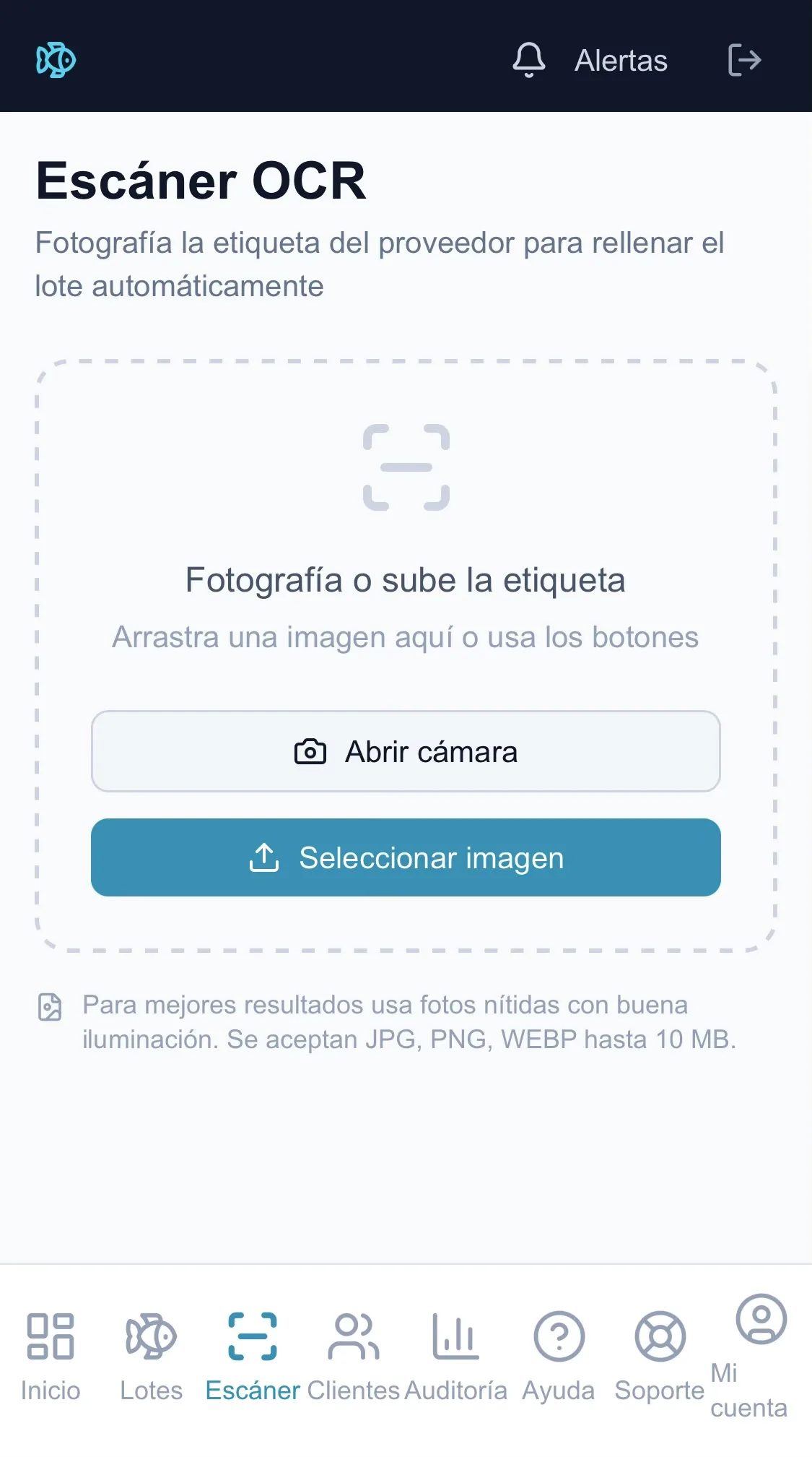Pescader-IA — pantalla del escáner OCR donde el pescadero sube la foto de la etiqueta del proveedor