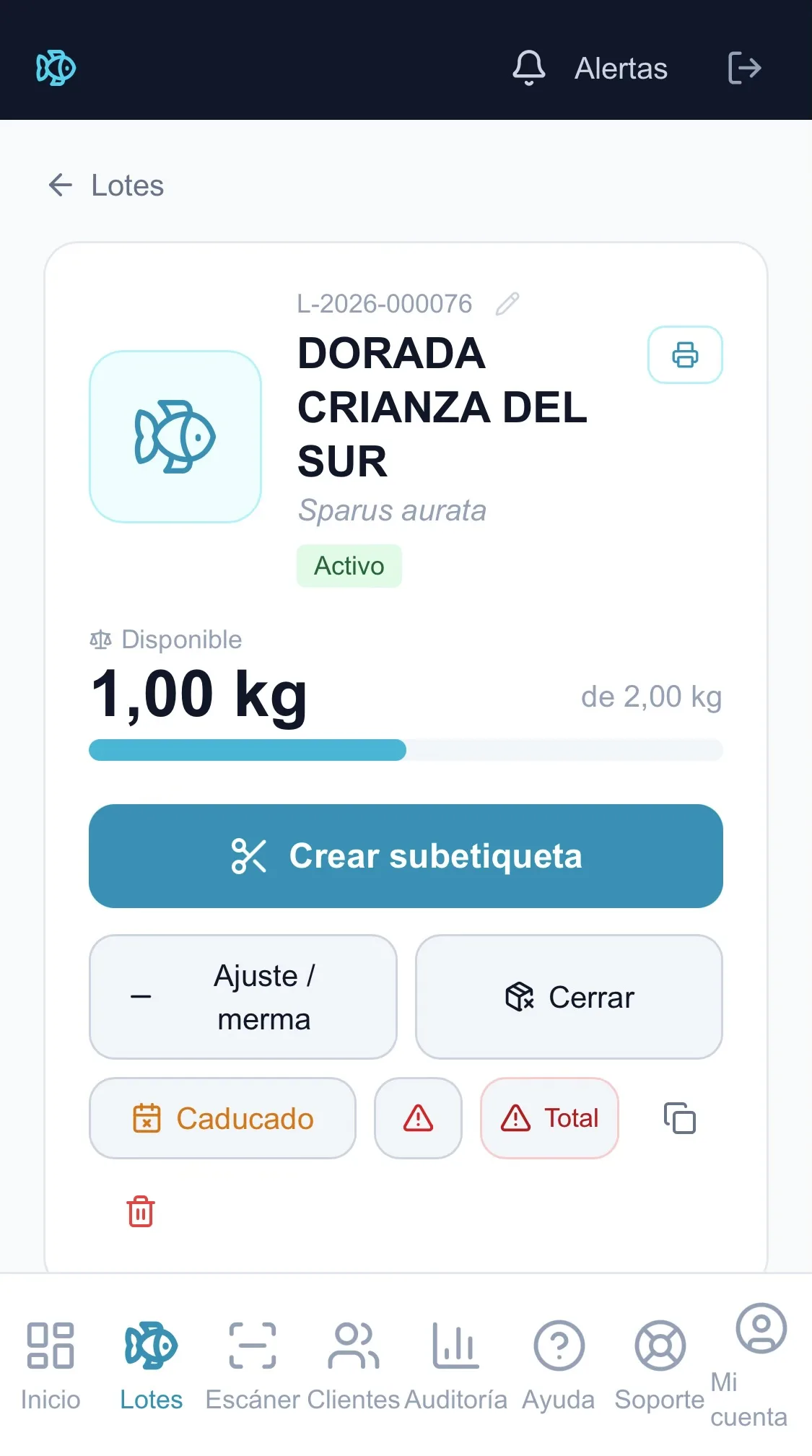 Pescader-IA — detalle de un lote madre con barra de disponible y botón Crear subetiqueta